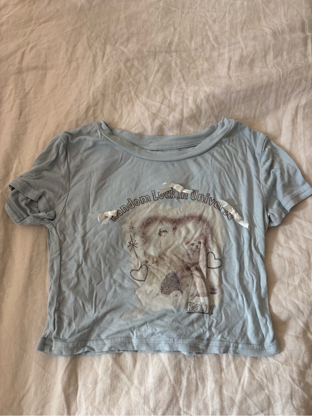 Light Blue Kittens Distressed Graphic Crop Top - Unbranded